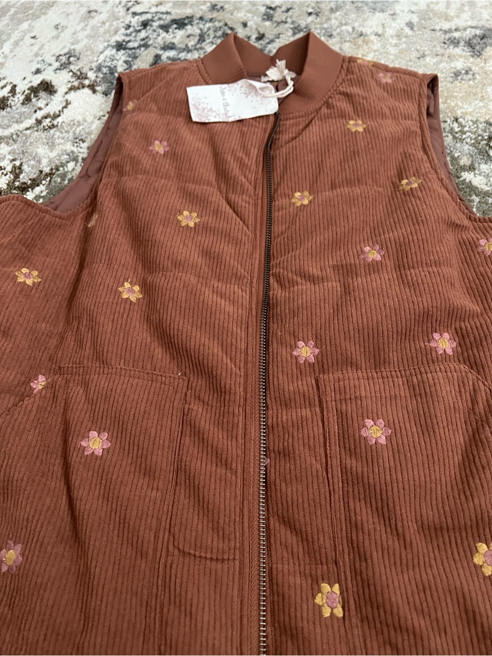 Hem & Thread Rust Corduroy Vest with Floral Embroidery - Picture 2 of 4